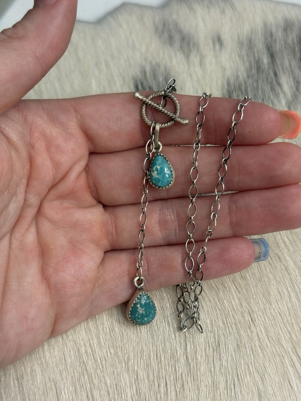 Sterling Silver Blue White Water Turquoise Double Dangle Lariat Toggle Necklace